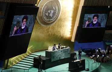 Iranian President Ebrahim Raisi addresses the 78th UN General Assembly at UN headquarters in New York on September 19. [Leonardo Munoz/AFP]