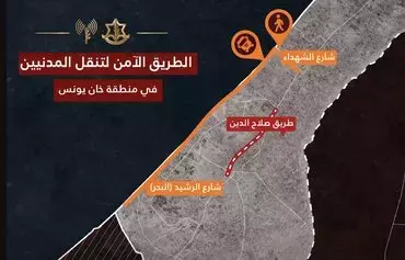 نقشه‌ای که توسط آویخای آدرایی، سخنگوی نیروهای دفاعی اسرائیل، در ۲۲ آذر در پیام‌رسان ایکس منتشر شده، مسیر ایمن عبور غیرنظامیان غزه در خان یونس را نشان می‌دهد.