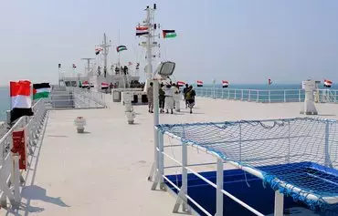 A picture taken during a tour organized by the Houthis on board the hijacked Galaxy Leader on November 22 shows the cargo ship docked in a port in the Yemeni province of al-Hodeidah. [AFP]