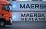 
A truck driver makes his way past containers with the logo of Danish shipping giant Maersk and Maersk Sealand stacked at a transshipment station in western Germany, on January 23. [Kirill Kudryavtsev/AFP]        