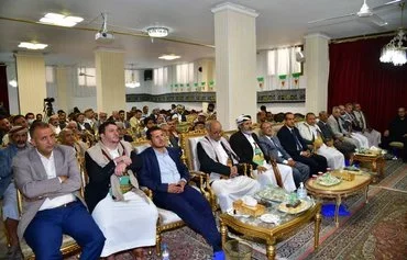 Prominent Houthi officials sit in the front row of a June 6 oratory celebration held by the Iranian embassy in Sanaa to mark the 35th anniversary of the passing of Islamic Republic founder Ruhollah Khomeini. [Iranian Embassy in Sanaa X account]