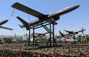 A Samad drone, a weapon of Iranian regime origin, on display in Sanaa, Yemen. [File]